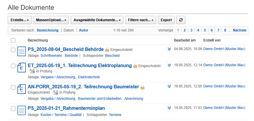 liste aller Dokumente